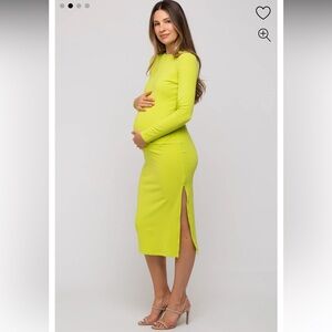 Ribbed mock neck long sleeve maternity dress with side slit in lime green